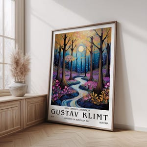 Gustav Klimt Inspired Forest River Art Print Poster, Colorful Blossoms, 20th Century Exhibition Style, Flower Market, Home Wall Art Gift