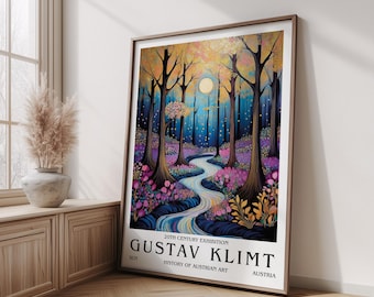 Gustav Klimt Inspired Forest River Art Print Poster, Colorful Blossoms, 20th Century Exhibition Style, Flower Market, Home Wall Art Gift