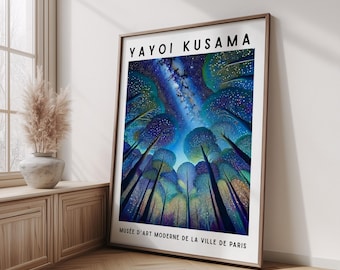 Yayoi Kusama Cosmic Forest Poster, Starry Night Tree Art Print, Abstract Celestial Landscape Wall Decor, Dreamy Galaxy Illustration
