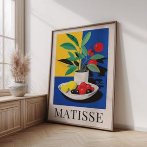 Henri Matisse Inspired Still Life Poster, Modern Fruit and Plant Wall Art Print, Colorful Kitchen Dining Room Artwork for Home Decor