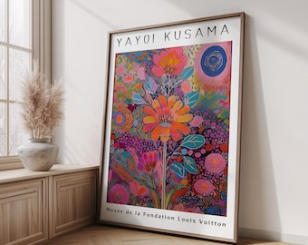 Utställningsväggkonst Grön Yayoi Kusama väggkonst, Estetisk väggdekoration, Färgglad Japandi-väggkonst som Yayoi Kusama-tryck, Väggkonst för vardagsrum