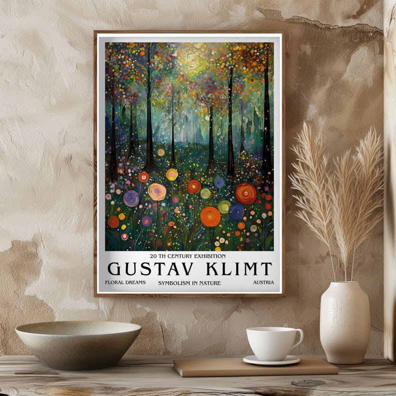 Gustav Klimt Blommig Skog Poster, Symbolistisk Natur Konsttryck, Färgglad Drömsk Landskap Väggdekoration, Art Nouveau Illustration, Hemväggkonst bild 7