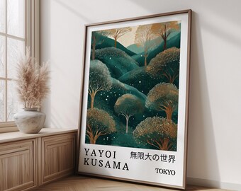 Golden Tree Yayoi Kusama, Japanese Forest Print, Sage Green Wallpaper, Japandi Wall Art, Wabi Sabi Poster, Zen Painting, Botanical Artwork