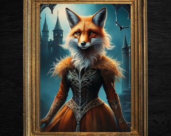 Vintage Regal Fox Lady Portrait - Gothic Fantasy Animal Art Print, Anthropomorphic Victorian Fox Decor, Medieval Castle Wall Art, Home Decor