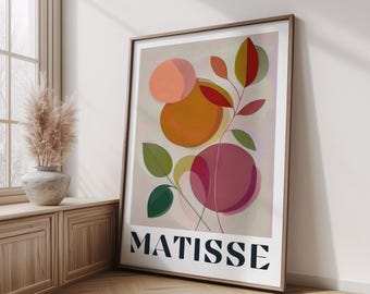 Póster botánico abstracto inspirado en Henri Matisse, arte mural moderno con hojas y círculos coloridos, impresión natural vibrante para decoración del hogar o la oficina.