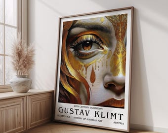 Gustav Klimt Inspired Golden Face Drip Art Print Poster, Half Portrait Paint, Home Wall Decor, Klimt Woman Artwork, Woman Wall Art Decor