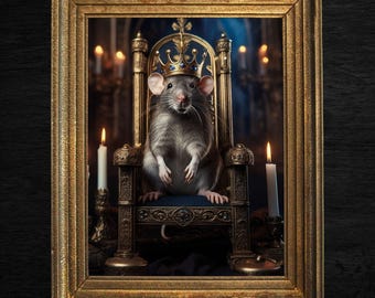 May include: A framed image of a regal rat wearing a crown, seated on an ornate throne. The throne is gold and blue, set against a backdrop of candles and a dark, textured background. The frame is gold.