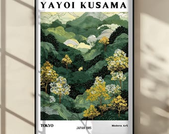 Yayoi Kusama Print, Japanese Landscape Poster – Green Mountain Art Print, Modern Nature Decor, Japandi Wall Art, Home Wall Decor