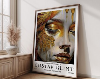 Gustav Klimt Inspired Golden Face Drip Art Print Poster, Half Portrait Paint, Home Wall Decor, Klimt Woman Artwork, Woman Wall Art Decor