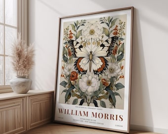Schmetterling botanisches Poster - William Morris inspirierte kunstvolle Blumenwandkunst, Vintage Nachtgartendekor, Türkis und Bernstein, physisches Druckgeschenk