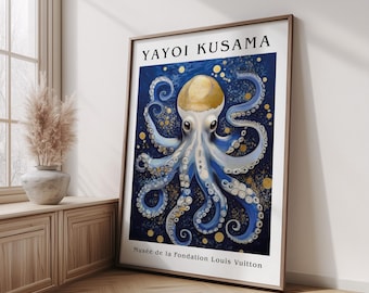 Poster Oktopus, Yayoi Kusama Wandbild, Abstraktes Ozeanbild, Blautöne, Küstendekor, Meeresleben Poster, Kunstposter