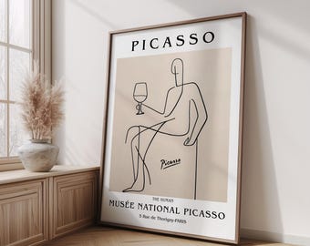 Impresión artística abstracta de Picasso con líneas humanas, póster minimalista de copa de vino, arte mural beige moderno, regalo de inauguración de la casa, decoración de pared para el hogar