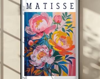 Henri Matisse Inspired Floral Poster, Colorful Peony Wall Art, Modern Abstract Flower Print for Living Room Home Decor, Home Wall Decor