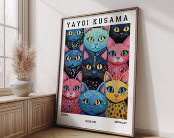 Yayoi Kusama Art Print - Japanese Cat Abstract Poster, Modern Japandi Style Decor, Kusama Inspired Wall Art, Yayoi Kusama Poster