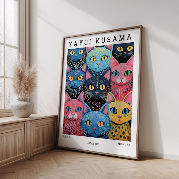 Yayoi Kusama Art Print - Japanese Cat Abstract Poster, Modern Japandi Style Decor, Kusama Inspired Wall Art, Yayoi Kusama Poster