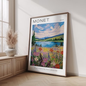 Claude Monet Inspired Wildflower Meadow Poster, Lakeside Landscape Wall Art Print, Impressionist Garden Decor, Blue Sky Hills, Vintage Art