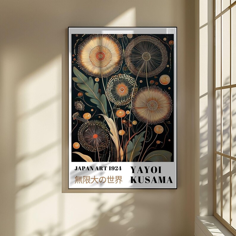 May include: Framed art print featuring a botanical illustration with a dark background. The artwork showcases stylized dandelion-like flowers in shades of gold, orange, and green. The print includes text that reads "JAPAN ART 1924" and "YAYOI KUSAMA".