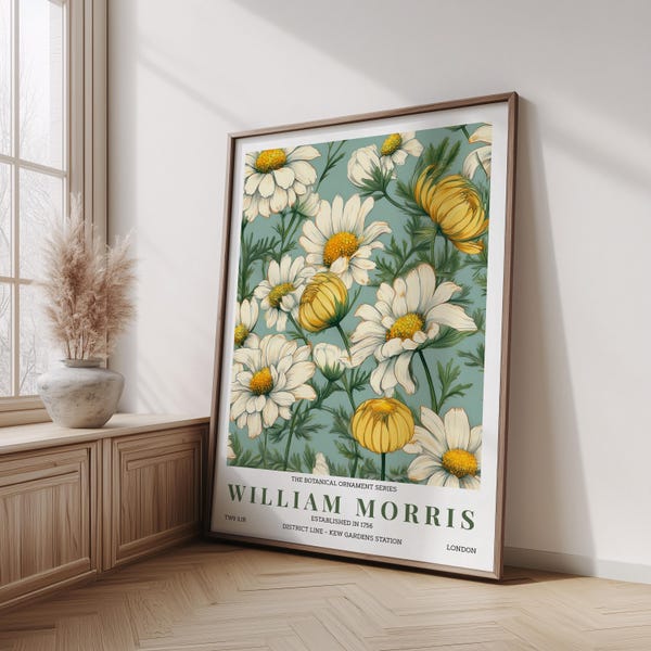 William Morris Inspired Daisy Botanical Poster, Vintage Floral Wall Art, Sage Green Flower Print, Cottagecore Home Decor, Physical Art Print