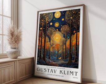 Gravura de Gustav Klimt Moon Night, pôster do Museu Klimt, pôster de Gustav Klimt, pôster da exposição Klimt, pintura de Gustav Klimt, jardim de flores.
