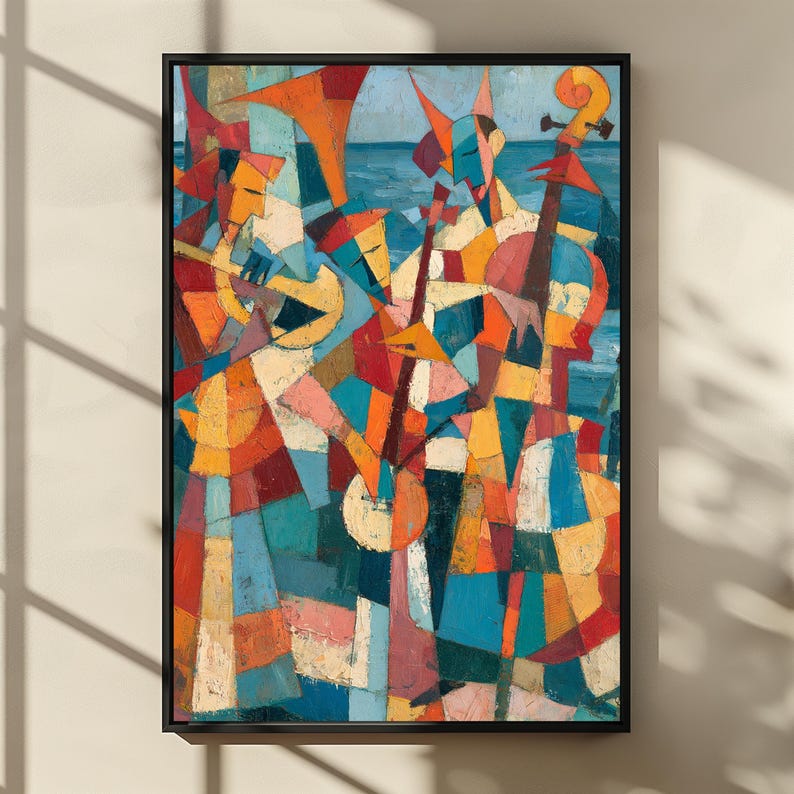 Cubist Music Band Print, Abstract Coastal Jazz Art, Vibrant Musician ...