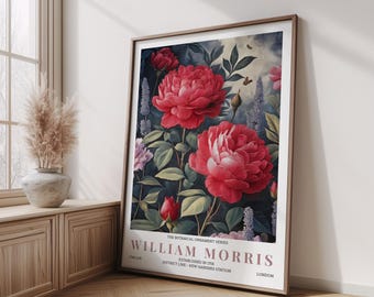 William Morris Inspired Peony Poster, Vintage Botanical Floral Wall Art Print, Dark Cottagecore Garden Decor, Romantic Flowers