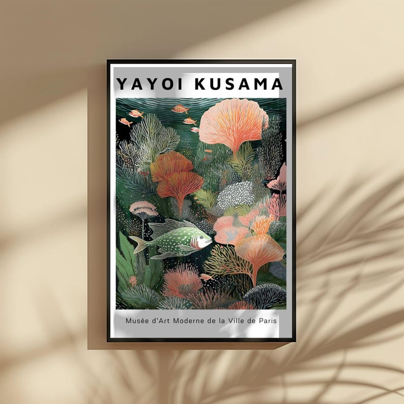 May include: A framed art print featuring an underwater scene with coral, fish, and various plant life in shades of green, orange, and white. The print includes the text "YAYOI KUSAMA" and "Mus&eacute;e d'Art Moderne de la Ville de Paris."