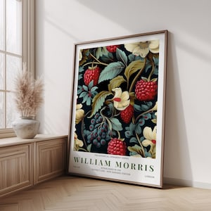 William Morris Inspired Berry Poster, Vintage Botanical Wall Art, Raspberry and Floral Print, Classic Nature Kitchen or Home Decor