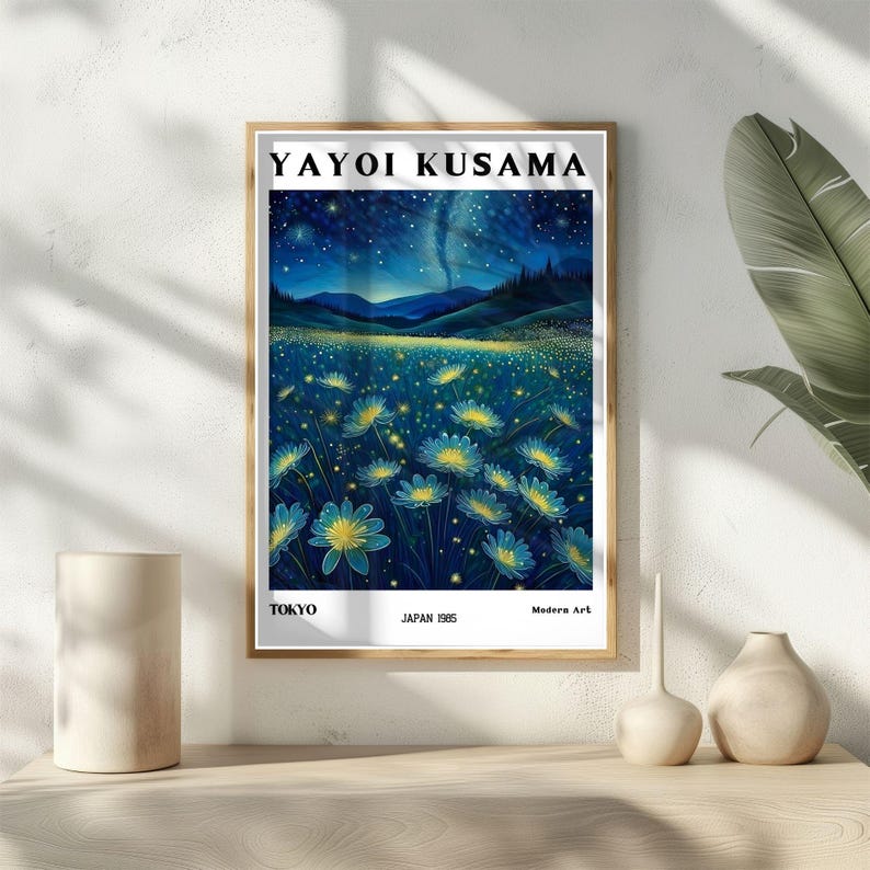 Yayoi Kusama Wildflower Night Print, Starry Sky Landscape Poster, Blue ...