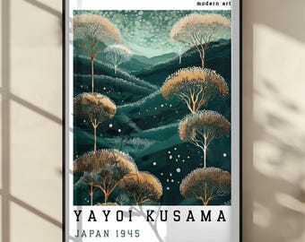 Golden Tree Yayoi Kusama, Japanese Forest Print,  Green Wallpaper, Japandi Wall Art, Nature Poster, Zen Painting, Botanical Artwork