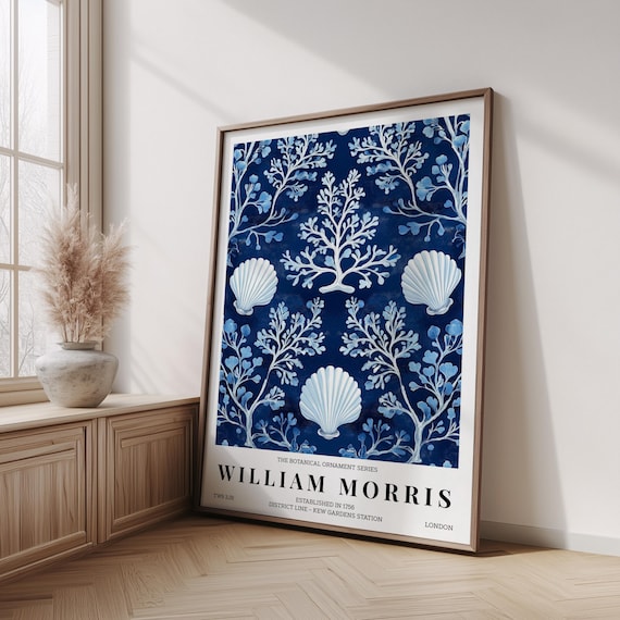 William Morris Coastal Print, Blue Coral Seashell Exhibition