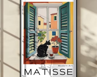 Henri Matisse Inspired Black Cat Poster, Colorful Window View Wall Art, Modern Mediterranean Style Artwork For Home Decor