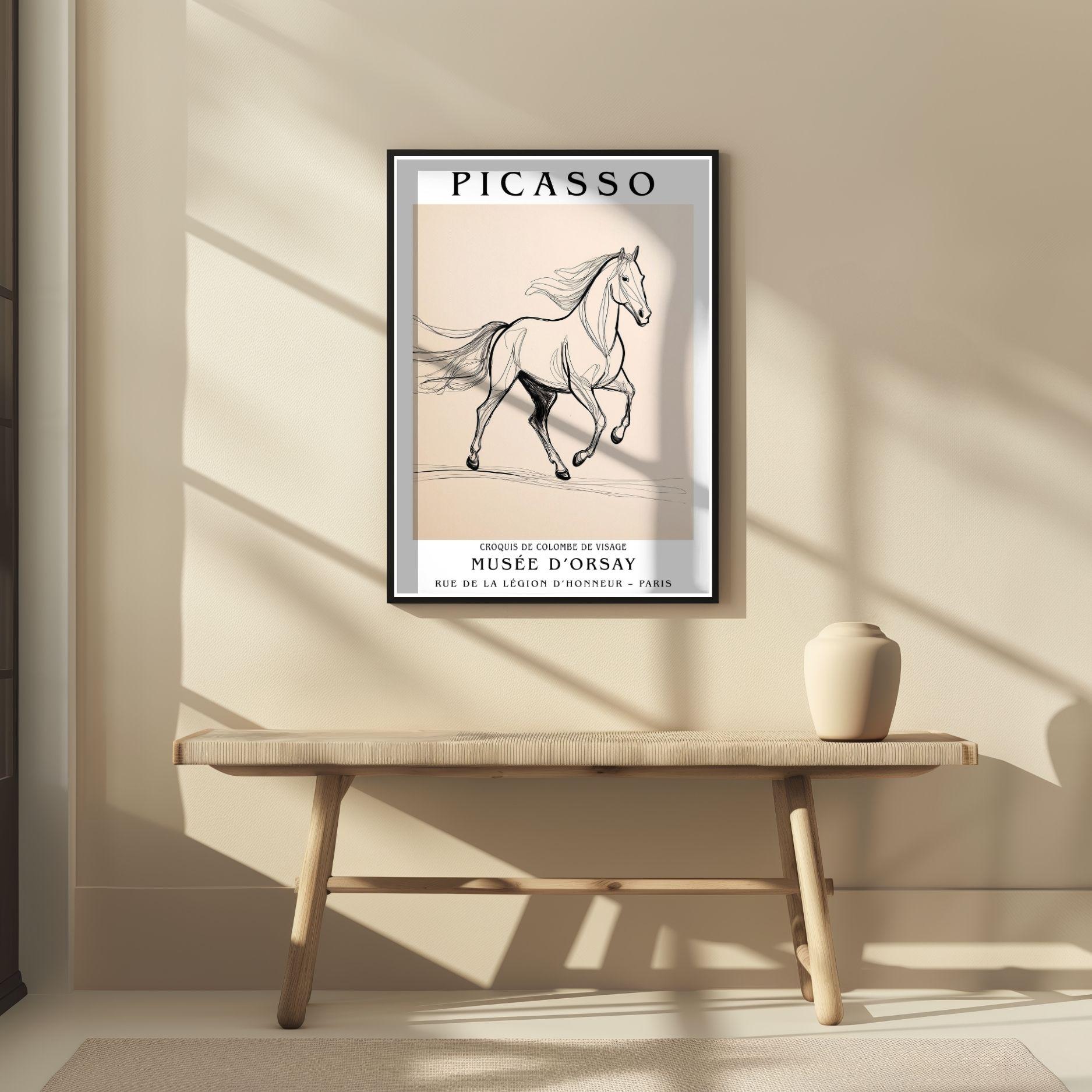 ピカソ展プリント、ピカソの馬のプリント、ミニマリストラインアート