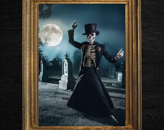 Dancing Skeleton in Cemetery Art Print - Gothic Halloween Wall Decor Skeleton, Dark Academia, Witchy Decor, Halloween Creepy Decor, Vintage