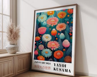 Yayoi Kusama Inspired Floral Art Print – Colorful Dotted Botanical Wall Decor, Modern Japanese Style Digital Poster for Home & Office, Art