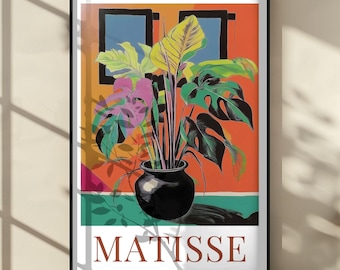Henri Matisse Inspired Monstera Plant Poster, Modern Botanical Wall Art, Colorful Abstract Potted Plant Print for Home or Office Decor