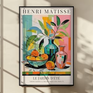 Henri Matisse Inspired Still Life Poster, Colorful Fruit Bowl and Vase Wall Art, Modern Abstract Home Decor for Kitchen or Living Room