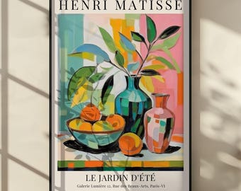 Henri Matisse Inspired Still Life Poster, Colorful Fruit Bowl and Vase Wall Art, Modern Abstract Home Decor for Kitchen or Living Room