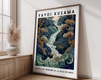 Hokusai Poster, Waterfall Wall Art, Yayoi Kusama, Japanese Landscape Print, Blue Green Nature Print, Zen Mountain Decor, Modern Tokyo Home