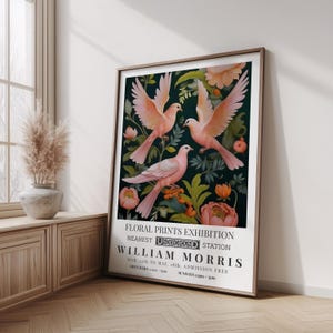 William Morris Inspired Pink Doves and Floral Poster, Vintage Botanical Wall Art, Nature Birds Illustration, Classic Home Decor Print