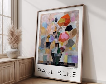 Vase de fleurs abstrait inspiré de Paul Klee - Art mural géométrique moderne de natures mortes, impression de décoration colorée de style Mid-Century, vintage