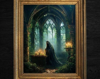May include: A framed digital art print depicting a cloaked figure in a gothic cathedral. The scene is illuminated by candlelight, with lush greenery and arched windows. The frame is gold-colored.