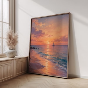 Solnedgångsstrandposter, väggkonst med kusthav, varm orange himmelstavla för vardagsrum, sovrum och kontorsinredning