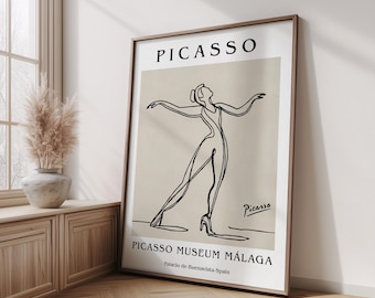 Impresión de la exposición de Picasso, impresión de arte lineal minimalista de bailarina, póster de danza moderno en blanco y negro para decoración del hogar, arte mural para el hogar, arte vintage