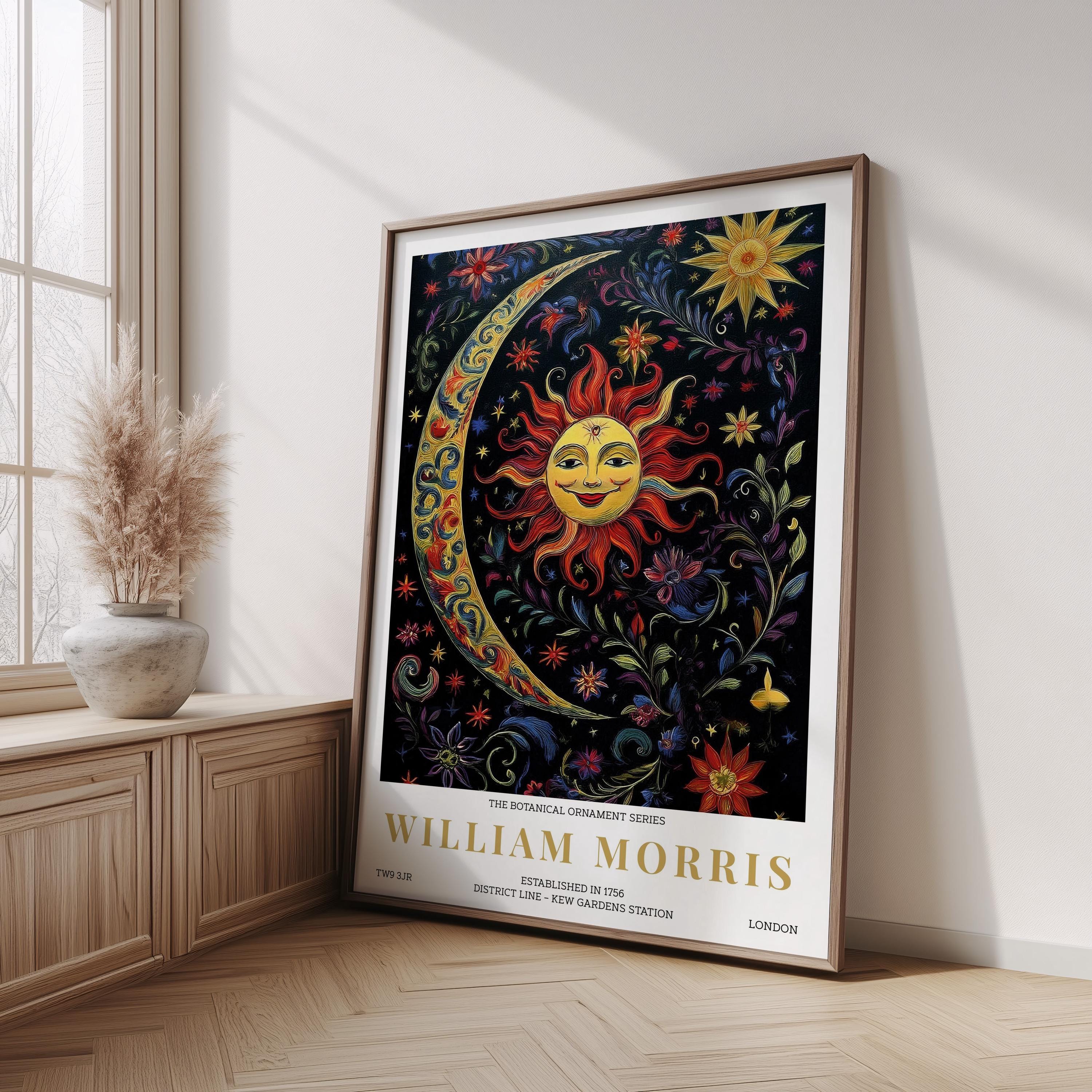 Celestial Sun and Moon Poster, William Morris Inspired Art Print