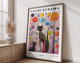 Yayoi Kusama Print, Japanese Art, Yayoi Kusama Poster, Whimsical Landscape Art, Exhibition Poster, Asian Wall Décor, Cats Print, Gift Idea