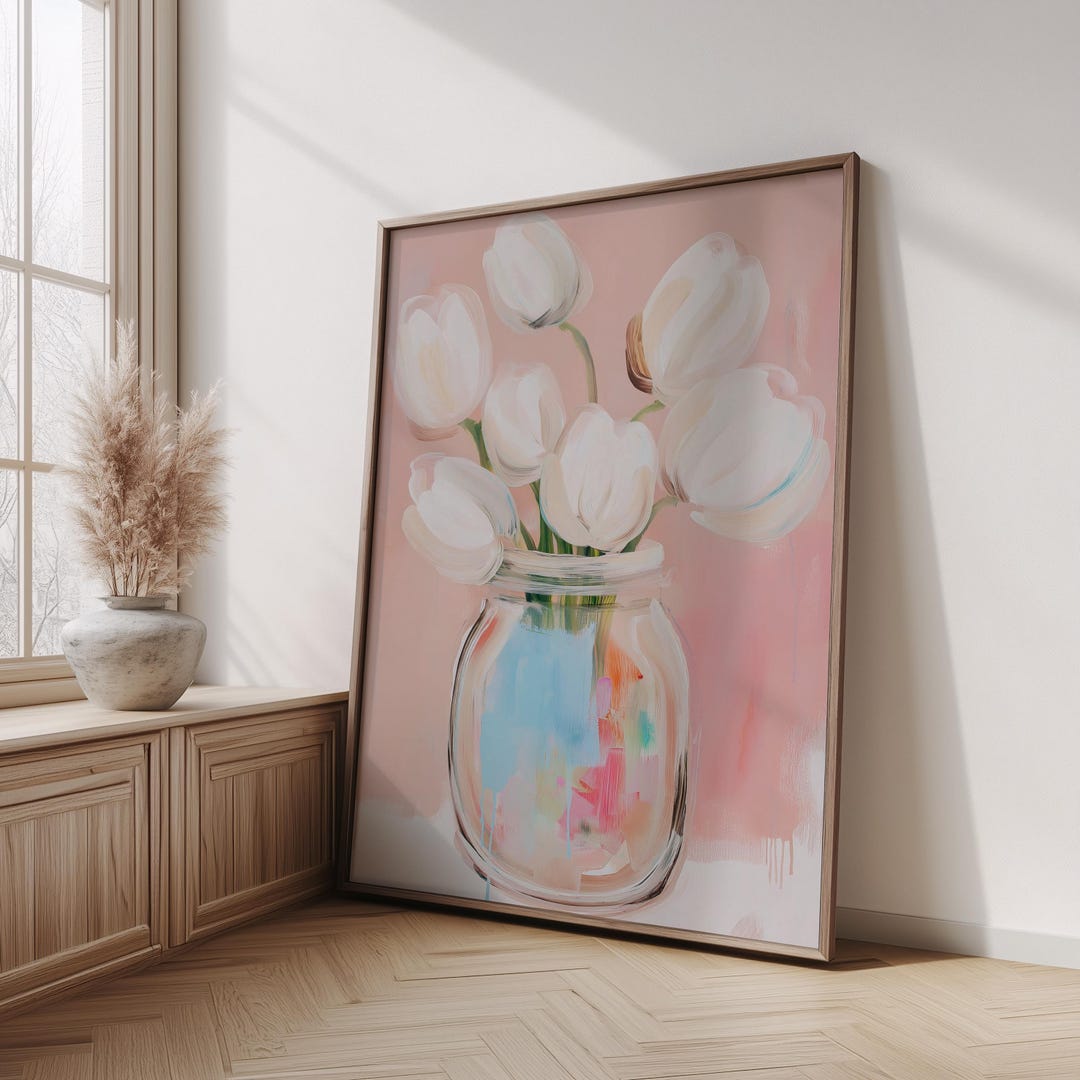 Coastal White Tulip Oil Painting Print, Soft Pink Floral Wall Art ...