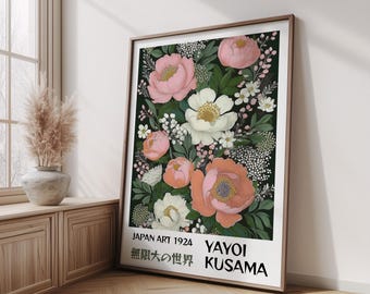 Yayoi Kusama Poster - Yayoi Kusama inspirierte Blumen Kunstdruck Poster - Japan Kunst 1924 Botanische Wanddekoration, dunkelgrüne Blumen Illustration