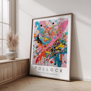 Può includere: Una stampa artistica astratta incorniciata con un vivace design a spruzzi in rosa, blu, arancione e giallo. L'opera d'arte include gocce e spruzzi neri. La stampa è intitolata "POLLOCK Emotion Unleashed".
