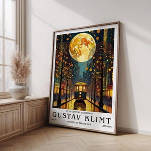 Gustav Klimt Style Tram Poster, Golden Moon Night City Art Print, Vintage Art Nouveau Urban Wall Decor, Dreamy Street Illustration