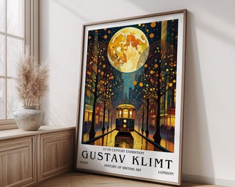 Gustav Klimt Style Tram Poster, Golden Moon Night City Art Print, Vintage Art Nouveau Urban Wall Decor, Dreamy Street Illustration